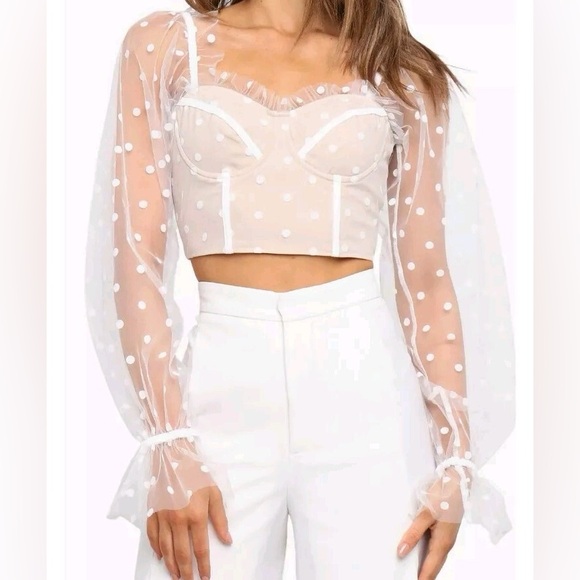 Runaway The Label Tops - Runaway the Label Nude Polka Dot Mesh Long Sleeve Corset Crop Top